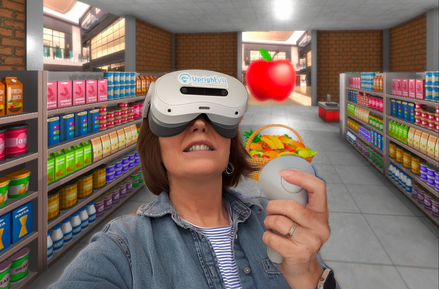 Woman using a virtual reality headset during a grocery store balance rehabilitation exercise