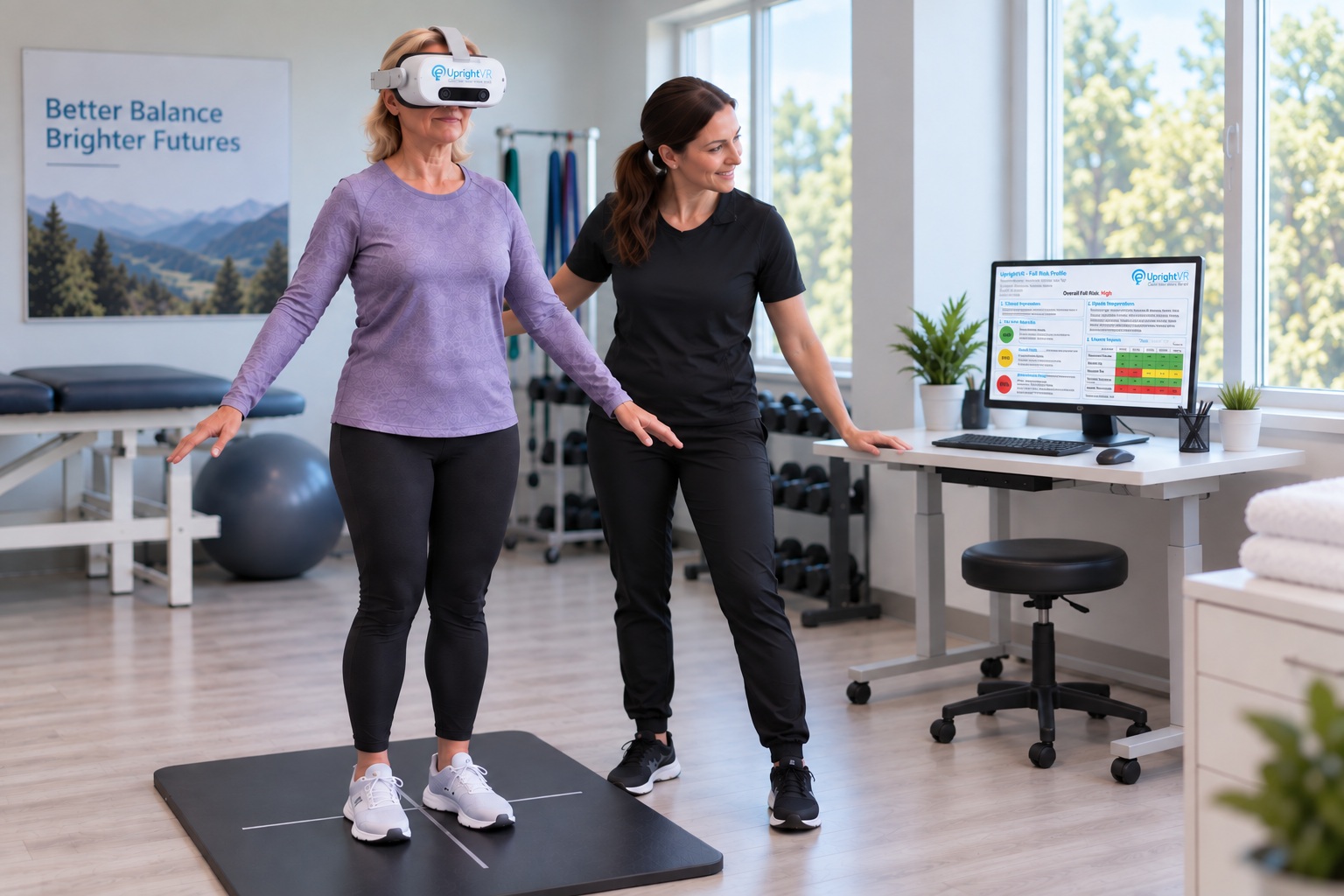Physical therapist guiding a patient through VR balance assessment in a rehabilitation clinic